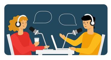 people recording audio podcast or online show vector flat illustration