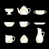 Set of white tableware on black background vector