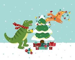 dinosaurs decorate christmas tree. flat vector illustration