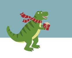 dinosaurio en bufanda con regalo de navidad. vector