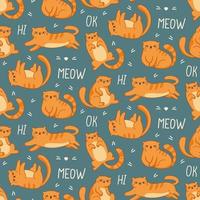 seamless pattern ginger cats on a blue background and text lettering vector
