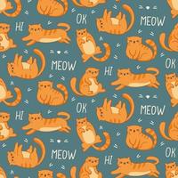 seamless pattern ginger cats on a blue background and text lettering vector