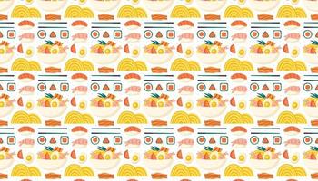 sushi salmón camarón nori ramen comida asiática patrón fondo banner vector