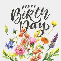 Beautiful happy birthday greeting card with flowers and bird vector