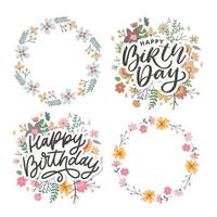 hermosa tarjeta de felicitación de cumpleaños con flores y pájaros vector