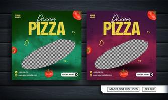 folleto verde y rojo o banner de redes sociales para la venta de pizza vector