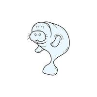 Cartoon character design, Smiling manatee on white background.