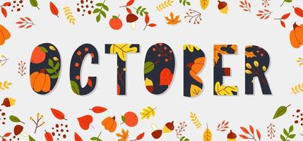 Banner de vector de venta de texto de letras de octubre con coloridas hojas de otoño