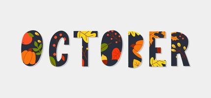 Banner de vector de venta de texto de letras de octubre con coloridas hojas de otoño