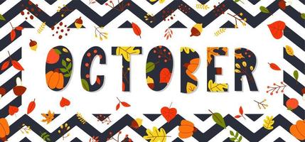 Banner de vector de venta de texto de letras de octubre con coloridas hojas de otoño