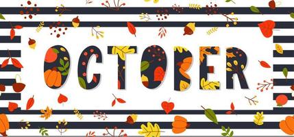 Banner de vector de venta de texto de letras de octubre con coloridas hojas de otoño