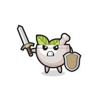 cute herbal bowl soldier fighting with sword and shield vector