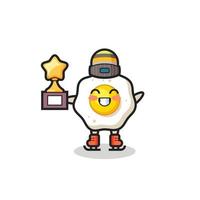 fried egg cartoon as an ice skating player hold winner trophy vector