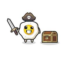 el personaje pirata del huevo frito sosteniendo la espada al lado de un cofre del tesoro vector