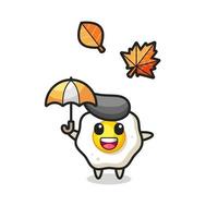 cartoon of the cute fried egg holding an umbrella in autumn vector