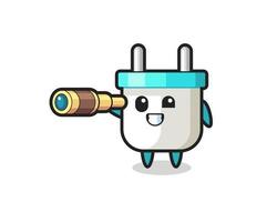 cute electric plug character is holding an old telescope vector