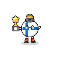 finland flag badge cartoon as an ice skating player hold winner trophy vector