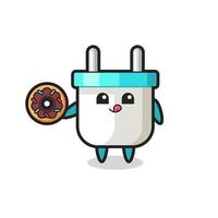 illustration of an electric plug character eating a doughnut vector