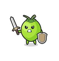 cute coconut soldier fighting with sword and shield vector