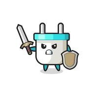 cute electric plug soldier fighting with sword and shield vector