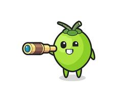 cute coconut character is holding an old telescope vector
