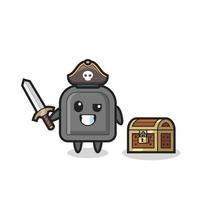 the car key pirate character holding sword beside a treasure box vector