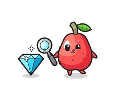 water apple mascot is checking the authenticity of a diamond vector