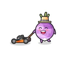 illustration of the turnip character using lawn mower vector