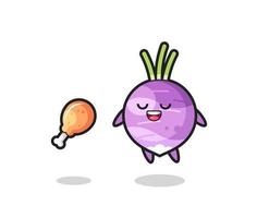 cute turnip floating and tempted because of fried chicken vector