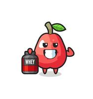 the muscular water apple character is holding a protein supplement vector