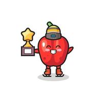 red bell pepper cartoon as an ice skating player hold winner trophy vector