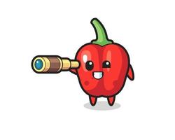 cute red bell pepper character is holding an old telescope vector