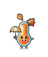 cartoon of the cute thermometer holding an umbrella in autumn vector