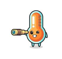 cute thermometer character is holding an old telescope vector