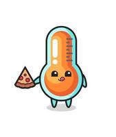 cute thermometer cartoon eating pizza vector