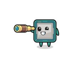 cute processor character is holding an old telescope vector