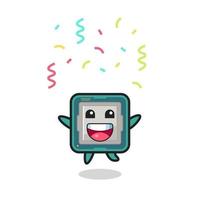 Feliz mascota procesador saltando de felicitación con confeti de colores vector