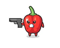 el lindo personaje de pimiento rojo dispara con una pistola vector