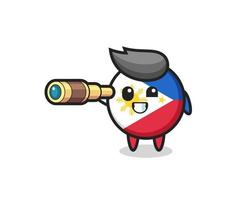 cute philippines flag badge character is holding an old telescope vector