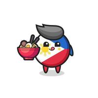 lindo personaje de insignia de la bandera de filipinas comiendo fideos vector