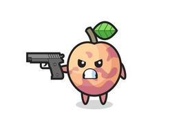 el lindo personaje de la fruta pluot dispara con una pistola vector