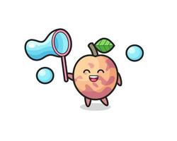 happy pluot fruit cartoon playing soap bubble vector