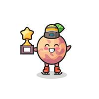 pluot fruit cartoon as an ice skating player hold winner trophy vector