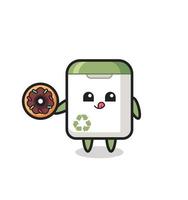 illustration of a trash can character eating a doughnut vector