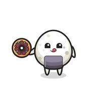 illustration of an onigiri character eating a doughnut vector