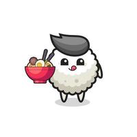 cute rice ball character eating noodles vector