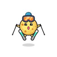 Personaje de mascota de queso redondo como jugador de esquí. vector