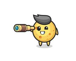 cute round cheese character is holding an old telescope vector