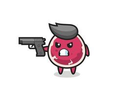 the cute beef character shoot with a gun vector