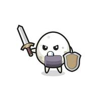 cute onigiri soldier fighting with sword and shield vector